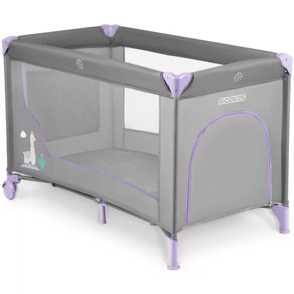 Utazó gyerekágy, Ricokids RK-240, szürke-levendula, 125 x 65 cm, magasság: 78 cm, levehető oldalsó bejárat, 2 fékezhető kerék, összecsukható, matraccal, teherbírás: 15 kg
