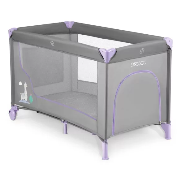 Utazó gyerekágy, Ricokids RK-240, szürke-levendula, 125 x 65 cm, magasság: 78 cm, levehető oldalsó bejárat, 2 fékezhető kerék, összecsukható, matraccal, teherbírás: 15 kg