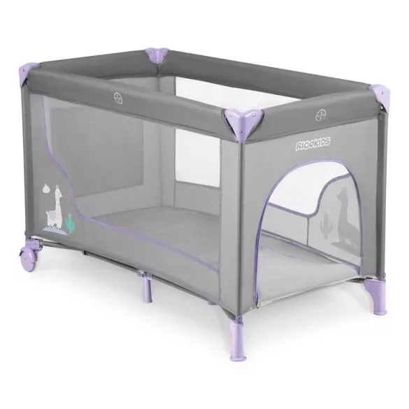 Utazó gyerekágy, Ricokids RK-240, szürke-levendula, 125 x 65 cm, magasság: 78 cm, levehető oldalsó bejárat, 2 fékezhető kerék, összecsukható, matraccal, teherbírás: 15 kg