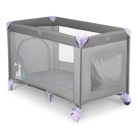 Utazó gyerekágy, Ricokids RK-240, szürke-levendula, 125 x 65 cm, magasság: 78 cm, levehető oldalsó bejárat, 2 fékezhető kerék, összecsukható, matraccal, teherbírás: 15 kg