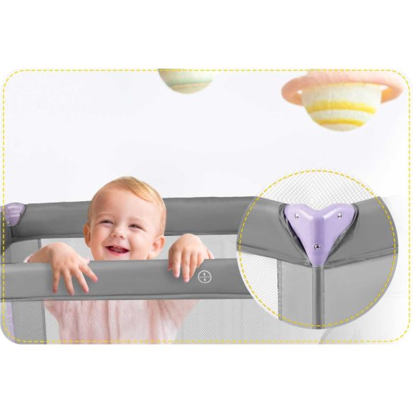 Utazó gyerekágy, Ricokids RK-240, szürke-levendula, 125 x 65 cm, magasság: 78 cm, levehető oldalsó bejárat, 2 fékezhető kerék, összecsukható, matraccal, teherbírás: 15 kg
