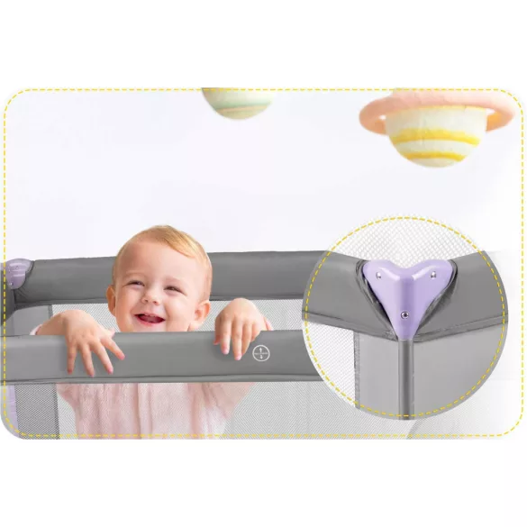 Utazó gyerekágy, Ricokids RK-240, szürke-levendula, 125 x 65 cm, magasság: 78 cm, levehető oldalsó bejárat, 2 fékezhető kerék, összecsukható, matraccal, teherbírás: 15 kg