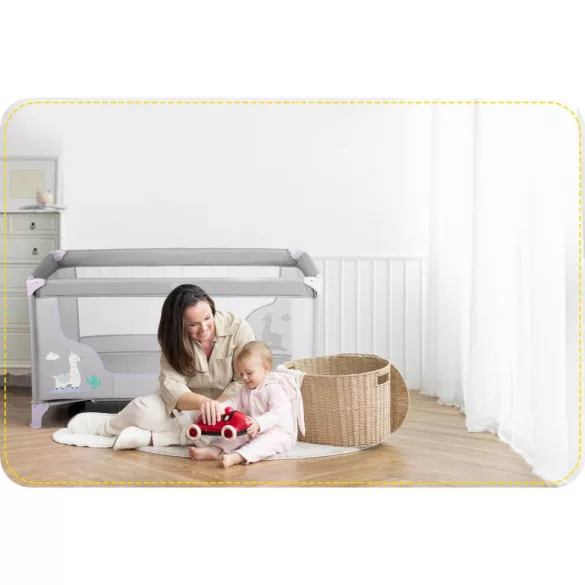 Utazó gyerekágy, Ricokids RK-240, szürke-levendula, 125 x 65 cm, magasság: 78 cm, levehető oldalsó bejárat, 2 fékezhető kerék, összecsukható, matraccal, teherbírás: 15 kg