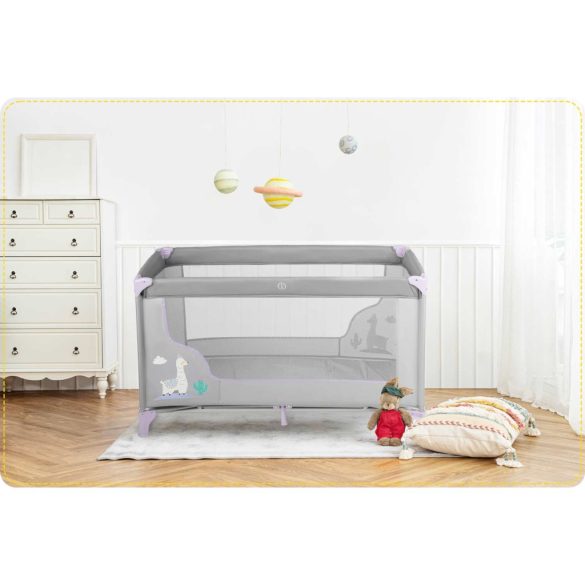 Utazó gyerekágy, Ricokids RK-240, szürke-levendula, 125 x 65 cm, magasság: 78 cm, levehető oldalsó bejárat, 2 fékezhető kerék, összecsukható, matraccal, teherbírás: 15 kg
