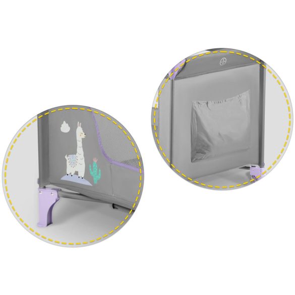 Utazó gyerekágy, Ricokids RK-240, szürke-levendula, 125 x 65 cm, magasság: 78 cm, levehető oldalsó bejárat, 2 fékezhető kerék, összecsukható, matraccal, teherbírás: 15 kg