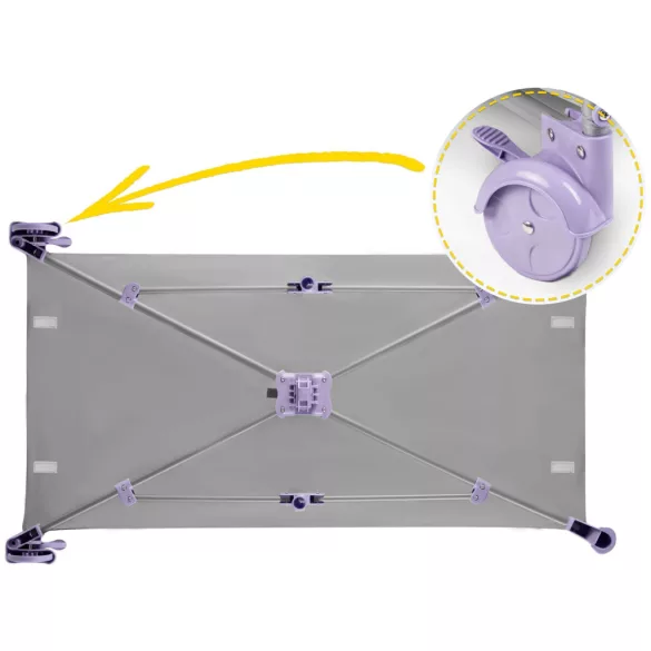 Utazó gyerekágy, Ricokids RK-240, szürke-levendula, 125 x 65 cm, magasság: 78 cm, levehető oldalsó bejárat, 2 fékezhető kerék, összecsukható, matraccal, teherbírás: 15 kg