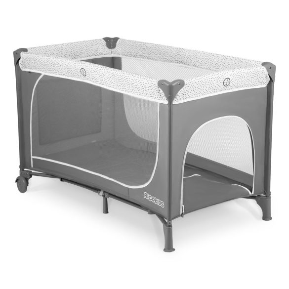 Utazó gyerekágy, Ricokids RK-241, szürke, 125 x 65 cm, magasság: 78 cm, levehető oldalsó bejárat, 2 fékezhető kerék, összecsukható, matraccal, pelenkázóasztallal, teherbírás: 15 kg