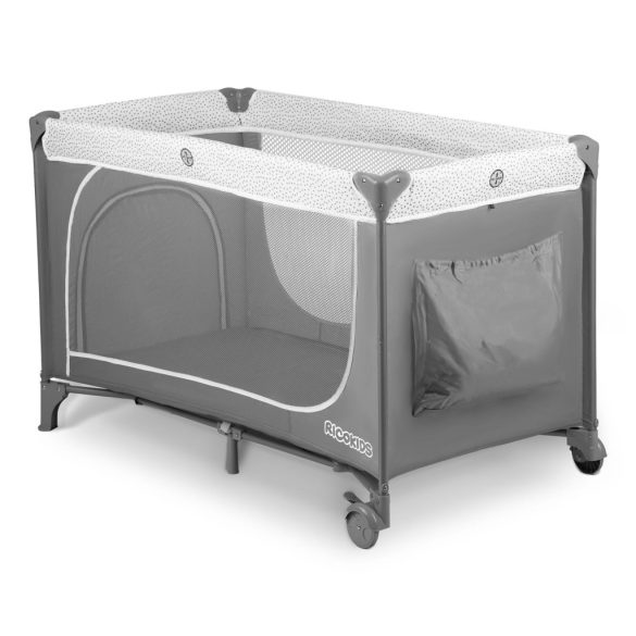 Utazó gyerekágy, Ricokids RK-241, szürke, 125 x 65 cm, magasság: 78 cm, levehető oldalsó bejárat, 2 fékezhető kerék, összecsukható, matraccal, pelenkázóasztallal, teherbírás: 15 kg