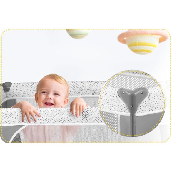 Utazó gyerekágy, Ricokids RK-241, szürke, 125 x 65 cm, magasság: 78 cm, levehető oldalsó bejárat, 2 fékezhető kerék, összecsukható, matraccal, pelenkázóasztallal, teherbírás: 15 kg