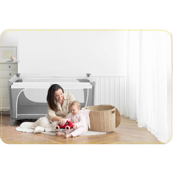 Utazó gyerekágy, Ricokids RK-241, szürke, 125 x 65 cm, magasság: 78 cm, levehető oldalsó bejárat, 2 fékezhető kerék, összecsukható, matraccal, pelenkázóasztallal, teherbírás: 15 kg