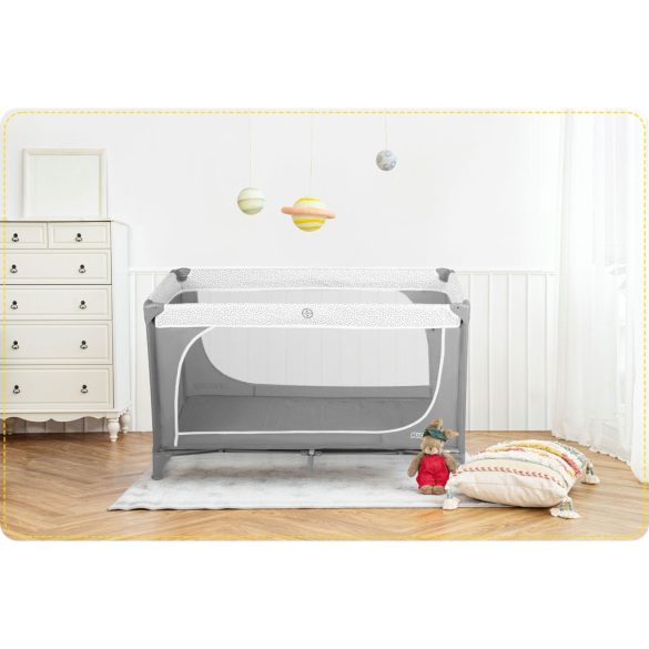Utazó gyerekágy, Ricokids RK-241, szürke, 125 x 65 cm, magasság: 78 cm, levehető oldalsó bejárat, 2 fékezhető kerék, összecsukható, matraccal, pelenkázóasztallal, teherbírás: 15 kg