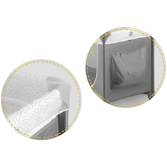 Utazó gyerekágy, Ricokids RK-241, szürke, 125 x 65 cm, magasság: 78 cm, levehető oldalsó bejárat, 2 fékezhető kerék, összecsukható, matraccal, pelenkázóasztallal, teherbírás: 15 kg