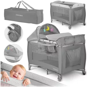 Utazó gyerekágy, Ricokids RK-241, szürke, 125 x 65 cm, magasság: 78 cm, levehető oldalsó bejárat, 2 fékezhető kerék, összecsukható, matraccal, pelenkázóasztallal, napellenzővel, teherbírás: 15 kg