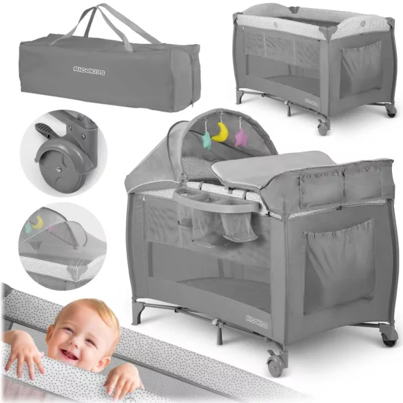 Utazó gyerekágy, Ricokids RK-241, szürke, 125 x 65 cm, magasság: 78 cm, levehető oldalsó bejárat, 2 fékezhető kerék, összecsukható, matraccal, pelenkázóasztallal, napellenzővel, teherbírás: 15 kg
