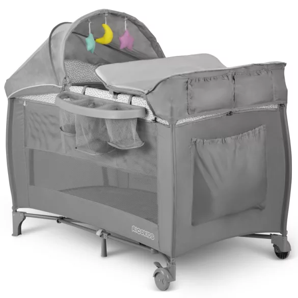 Utazó gyerekágy, Ricokids RK-241, szürke, 125 x 65 cm, magasság: 78 cm, levehető oldalsó bejárat, 2 fékezhető kerék, összecsukható, matraccal, pelenkázóasztallal, napellenzővel, teherbírás: 15 kg