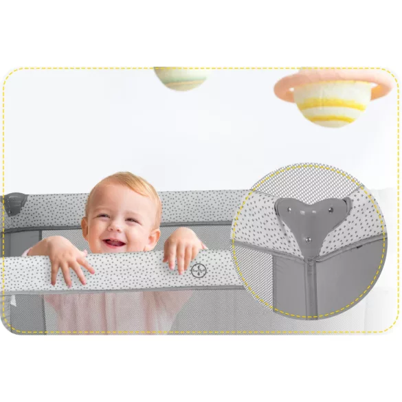 Utazó gyerekágy, Ricokids RK-241, szürke, 125 x 65 cm, magasság: 78 cm, levehető oldalsó bejárat, 2 fékezhető kerék, összecsukható, matraccal, pelenkázóasztallal, napellenzővel, teherbírás: 15 kg