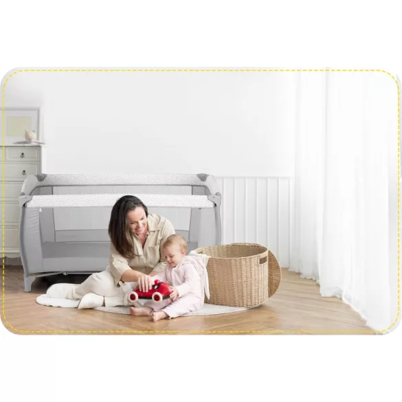 Utazó gyerekágy, Ricokids RK-241, szürke, 125 x 65 cm, magasság: 78 cm, levehető oldalsó bejárat, 2 fékezhető kerék, összecsukható, matraccal, pelenkázóasztallal, napellenzővel, teherbírás: 15 kg