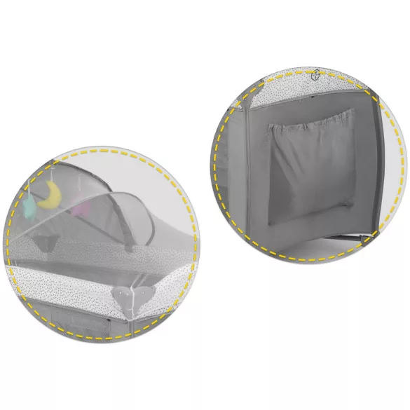 Utazó gyerekágy, Ricokids RK-241, szürke, 125 x 65 cm, magasság: 78 cm, levehető oldalsó bejárat, 2 fékezhető kerék, összecsukható, matraccal, pelenkázóasztallal, napellenzővel, teherbírás: 15 kg
