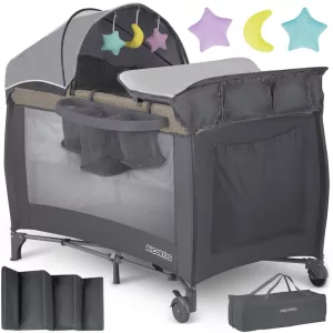 Utazó gyerekágy, Ricokids RK-241, antracit, 125 x 65 cm, magasság: 78 cm, levehető oldalsó bejárat, 2 fékezhető kerék, összecsukható, matraccal, pelenkázóasztallal, napellenzővel, teherbírás: 15 kg