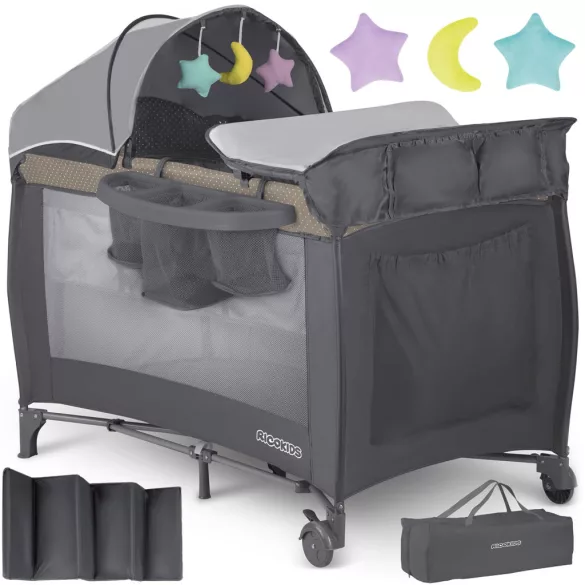 Utazó gyerekágy, Ricokids RK-241, antracit, 125 x 65 cm, magasság: 78 cm, levehető oldalsó bejárat, 2 fékezhető kerék, összecsukható, matraccal, pelenkázóasztallal, napellenzővel, teherbírás: 15 kg