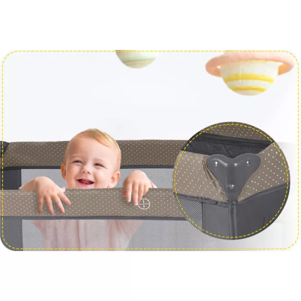 Utazó gyerekágy, Ricokids RK-241, antracit, 125 x 65 cm, magasság: 78 cm, levehető oldalsó bejárat, 2 fékezhető kerék, összecsukható, matraccal, pelenkázóasztallal, napellenzővel, teherbírás: 15 kg
