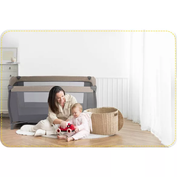 Utazó gyerekágy, Ricokids RK-241, antracit, 125 x 65 cm, magasság: 78 cm, levehető oldalsó bejárat, 2 fékezhető kerék, összecsukható, matraccal, pelenkázóasztallal, napellenzővel, teherbírás: 15 kg