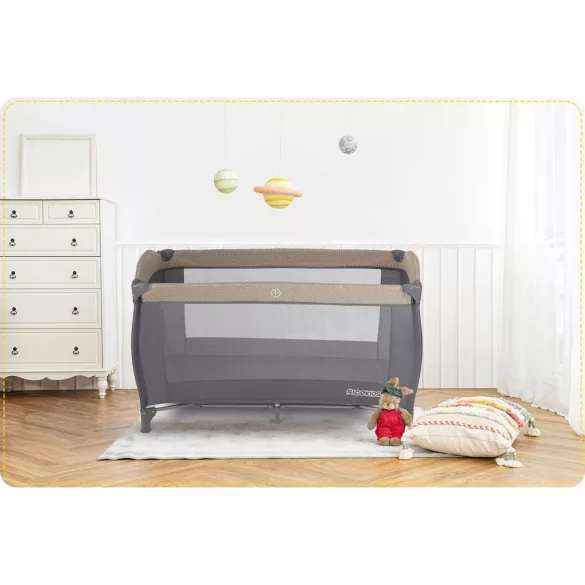 Utazó gyerekágy, Ricokids RK-241, antracit, 125 x 65 cm, magasság: 78 cm, levehető oldalsó bejárat, 2 fékezhető kerék, összecsukható, matraccal, pelenkázóasztallal, napellenzővel, teherbírás: 15 kg
