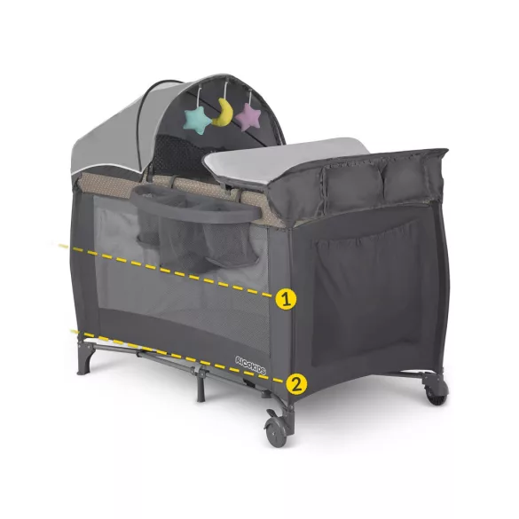 Utazó gyerekágy, Ricokids RK-241, antracit, 125 x 65 cm, magasság: 78 cm, levehető oldalsó bejárat, 2 fékezhető kerék, összecsukható, matraccal, pelenkázóasztallal, napellenzővel, teherbírás: 15 kg