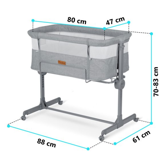 Utazó gyerekágy, Nukido NK-243, szürke, 88 x 61 cm, magasság: 70-83 cm, ágy mellé csatlakoztatható, 4 fékezhető kerék, összecsukható, matraccal, állványos, teherbírás: 9 kg