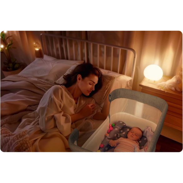 Utazó gyerekágy, Nukido NK-243, szürke, 88 x 61 cm, magasság: 70-83 cm, ágy mellé csatlakoztatható, 4 fékezhető kerék, összecsukható, matraccal, állványos, teherbírás: 9 kg