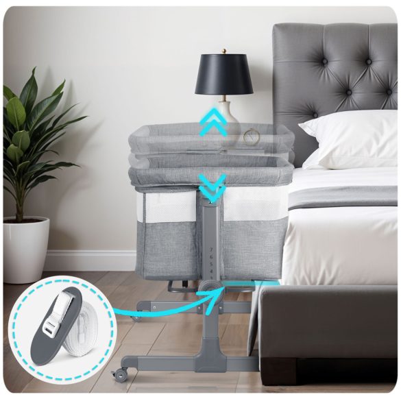 Utazó gyerekágy, Nukido NK-243, szürke, 88 x 61 cm, magasság: 70-83 cm, ágy mellé csatlakoztatható, 4 fékezhető kerék, összecsukható, matraccal, állványos, teherbírás: 9 kg