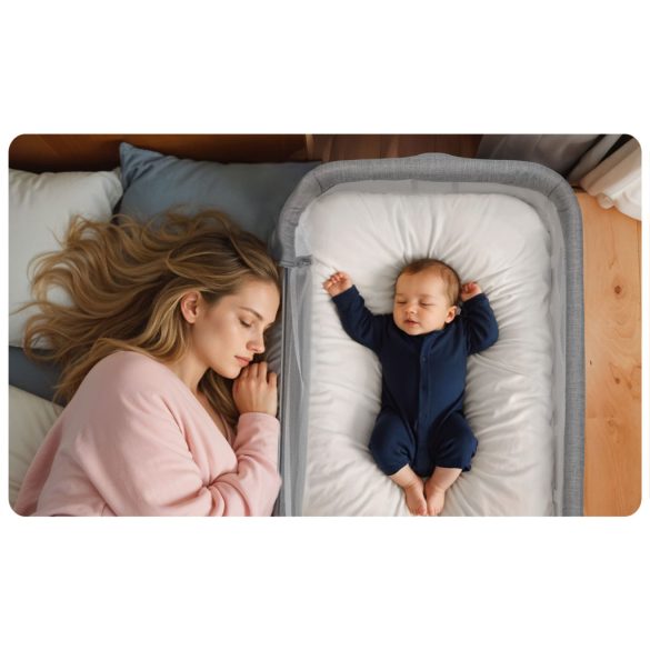 Utazó gyerekágy, Nukido NK-243, szürke, 88 x 61 cm, magasság: 70-83 cm, ágy mellé csatlakoztatható, 4 fékezhető kerék, összecsukható, matraccal, állványos, teherbírás: 9 kg