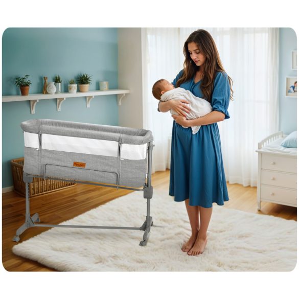 Utazó gyerekágy, Nukido NK-243, szürke, 88 x 61 cm, magasság: 70-83 cm, ágy mellé csatlakoztatható, 4 fékezhető kerék, összecsukható, matraccal, állványos, teherbírás: 9 kg