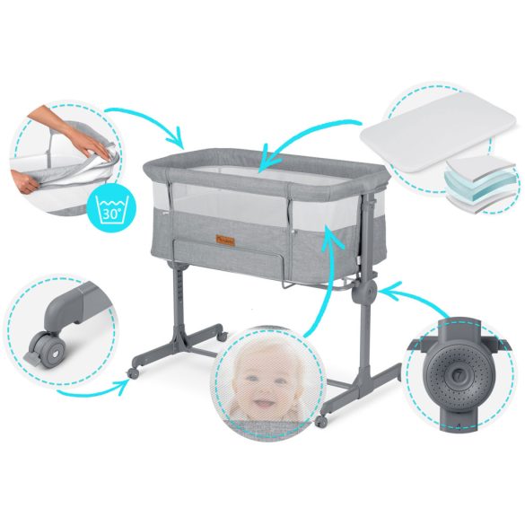 Utazó gyerekágy, Nukido NK-243, szürke, 88 x 61 cm, magasság: 70-83 cm, ágy mellé csatlakoztatható, 4 fékezhető kerék, összecsukható, matraccal, állványos, teherbírás: 9 kg