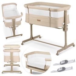   Utazó gyerekágy, Nukido NK-243, bézs, 88 x 61 cm, magasság: 70-83 cm, ágy mellé csatlakoztatható, 4 fékezhető kerék, összecsukható, matraccal, állványos, teherbírás: 9 kg