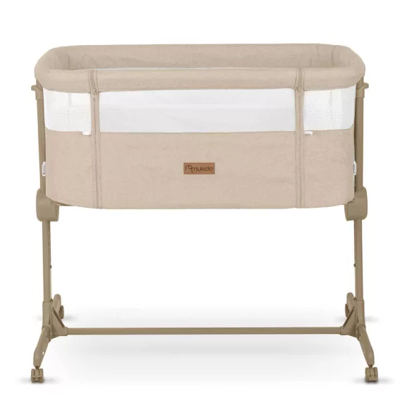 Utazó gyerekágy, Nukido NK-243, bézs, 88 x 61 cm, magasság: 70-83 cm, ágy mellé csatlakoztatható, 4 fékezhető kerék, összecsukható, matraccal, állványos, teherbírás: 9 kg