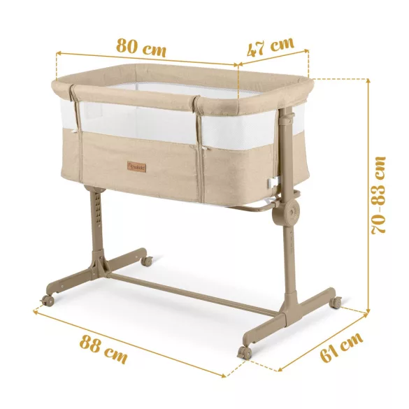 Utazó gyerekágy, Nukido NK-243, bézs, 88 x 61 cm, magasság: 70-83 cm, ágy mellé csatlakoztatható, 4 fékezhető kerék, összecsukható, matraccal, állványos, teherbírás: 9 kg