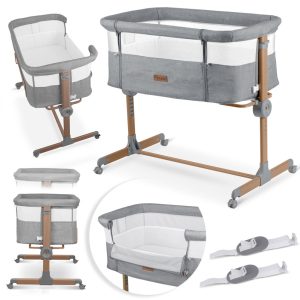 Utazó gyerekágy, Nukido NK-243, világosszürke, 88 x 61 cm, magasság: 70-83 cm, ágy mellé csatlakoztatható, 4 fékezhető kerék, összecsukható, matraccal, állványos, teherbírás: 9 kg