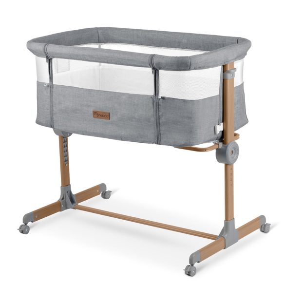 Utazó gyerekágy, Nukido NK-243, világosszürke, 88 x 61 cm, magasság: 70-83 cm, ágy mellé csatlakoztatható, 4 fékezhető kerék, összecsukható, matraccal, állványos, teherbírás: 9 kg