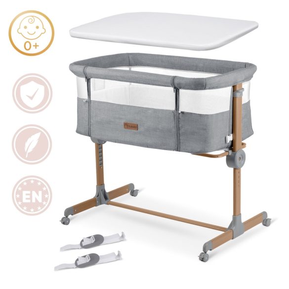 Utazó gyerekágy, Nukido NK-243, világosszürke, 88 x 61 cm, magasság: 70-83 cm, ágy mellé csatlakoztatható, 4 fékezhető kerék, összecsukható, matraccal, állványos, teherbírás: 9 kg