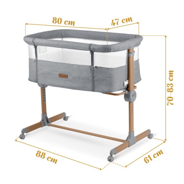 Utazó gyerekágy, Nukido NK-243, világosszürke, 88 x 61 cm, magasság: 70-83 cm, ágy mellé csatlakoztatható, 4 fékezhető kerék, összecsukható, matraccal, állványos, teherbírás: 9 kg