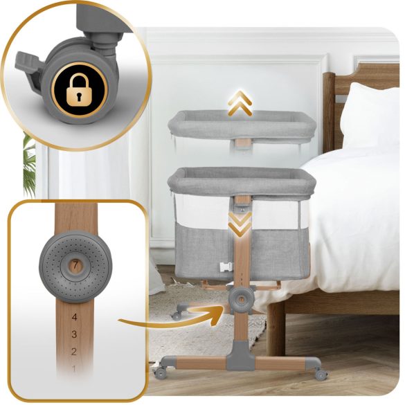 Utazó gyerekágy, Nukido NK-243, világosszürke, 88 x 61 cm, magasság: 70-83 cm, ágy mellé csatlakoztatható, 4 fékezhető kerék, összecsukható, matraccal, állványos, teherbírás: 9 kg