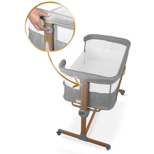 Utazó gyerekágy, Nukido NK-243, világosszürke, 88 x 61 cm, magasság: 70-83 cm, ágy mellé csatlakoztatható, 4 fékezhető kerék, összecsukható, matraccal, állványos, teherbírás: 9 kg