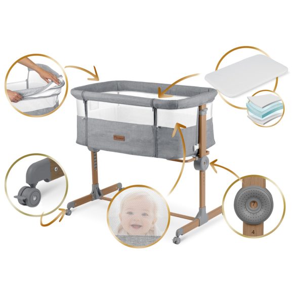 Utazó gyerekágy, Nukido NK-243, világosszürke, 88 x 61 cm, magasság: 70-83 cm, ágy mellé csatlakoztatható, 4 fékezhető kerék, összecsukható, matraccal, állványos, teherbírás: 9 kg