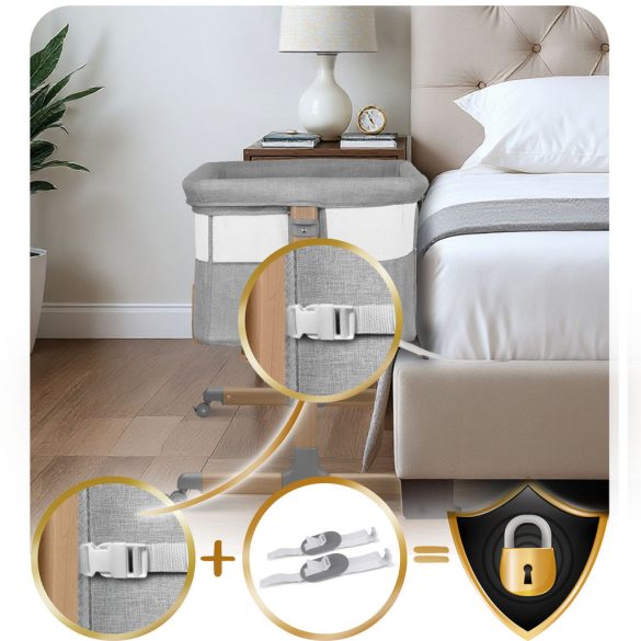 Utazó gyerekágy, Nukido NK-243, világosszürke, 88 x 61 cm, magasság: 70-83 cm, ágy mellé csatlakoztatható, 4 fékezhető kerék, összecsukható, matraccal, állványos, teherbírás: 9 kg