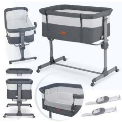   Utazó gyerekágy, Nukido NK-243, sötétszürke, 88 x 61 cm, magasság: 70-83 cm, ágy mellé csatlakoztatható, 4 fékezhető kerék, összecsukható, matraccal, állványos, teherbírás: 9 kg