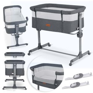 Utazó gyerekágy, Nukido NK-243, sötétszürke, 88 x 61 cm, magasság: 70-83 cm, ágy mellé csatlakoztatható, 4 fékezhető kerék, összecsukható, matraccal, állványos, teherbírás: 9 kg