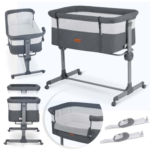 Utazó gyerekágy, Nukido NK-243, sötétszürke, 88 x 61 cm, magasság: 70-83 cm, ágy mellé csatlakoztatható, 4 fékezhető kerék, összecsukható, matraccal, állványos, teherbírás: 9 kg