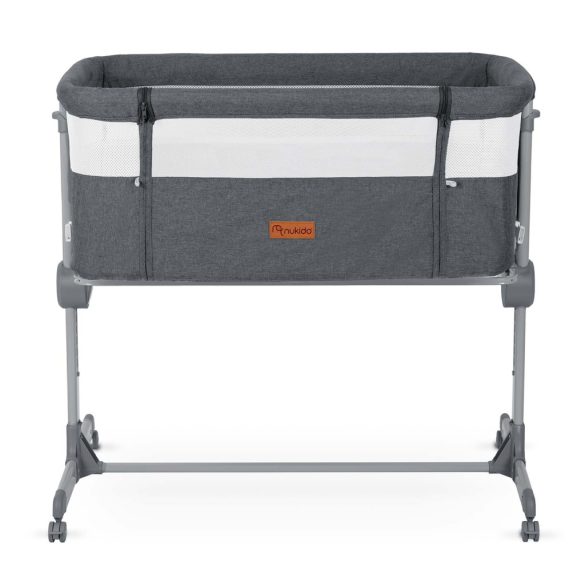 Utazó gyerekágy, Nukido NK-243, sötétszürke, 88 x 61 cm, magasság: 70-83 cm, ágy mellé csatlakoztatható, 4 fékezhető kerék, összecsukható, matraccal, állványos, teherbírás: 9 kg