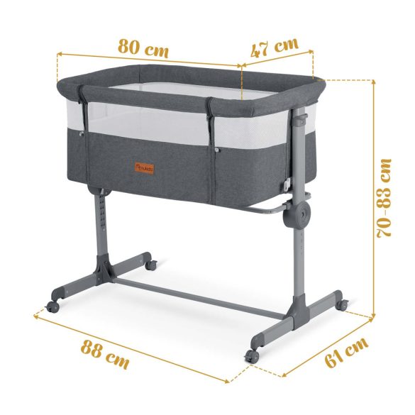 Utazó gyerekágy, Nukido NK-243, sötétszürke, 88 x 61 cm, magasság: 70-83 cm, ágy mellé csatlakoztatható, 4 fékezhető kerék, összecsukható, matraccal, állványos, teherbírás: 9 kg